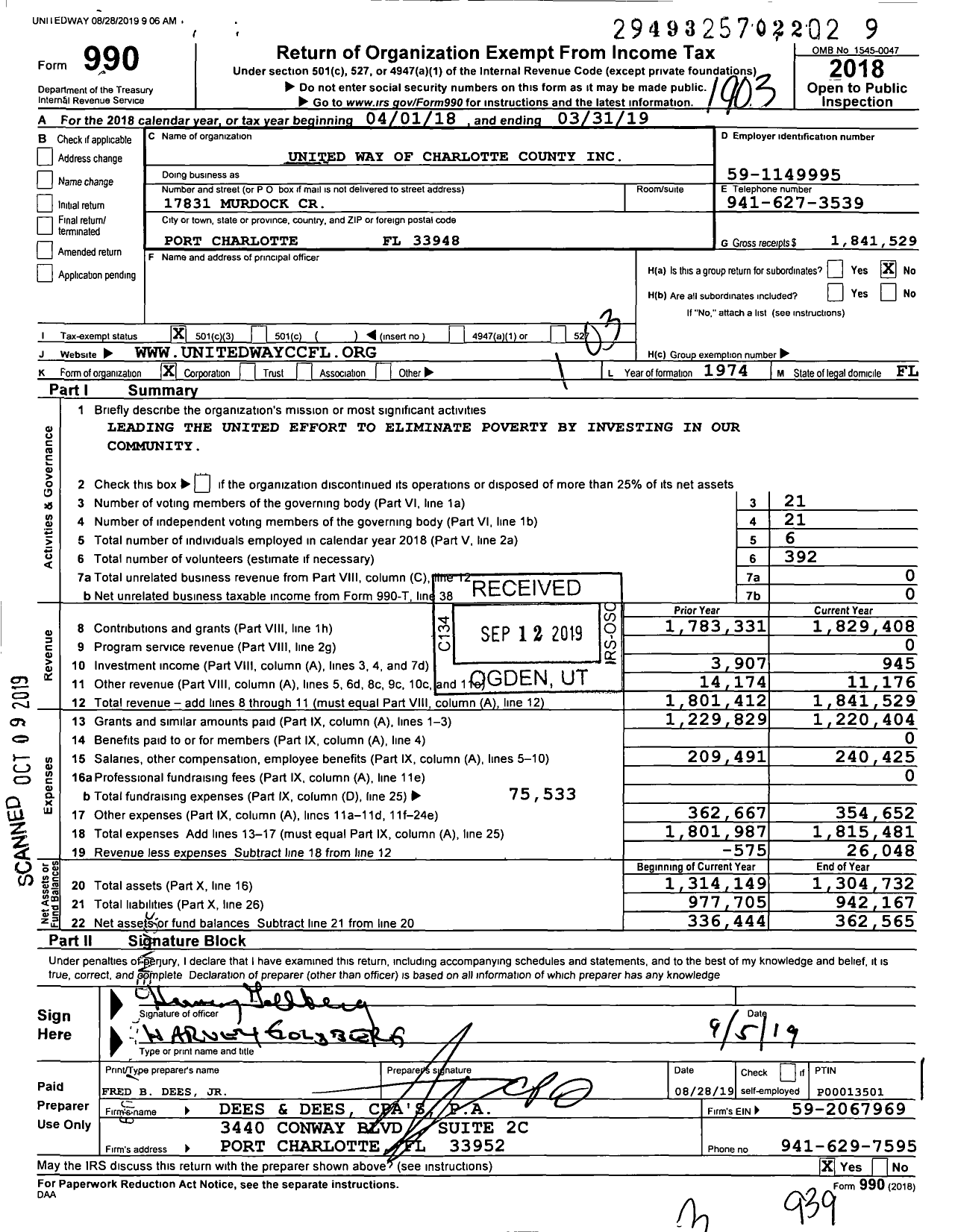 Image of first page of 2018 Form 990 for United Way of Charlotte County