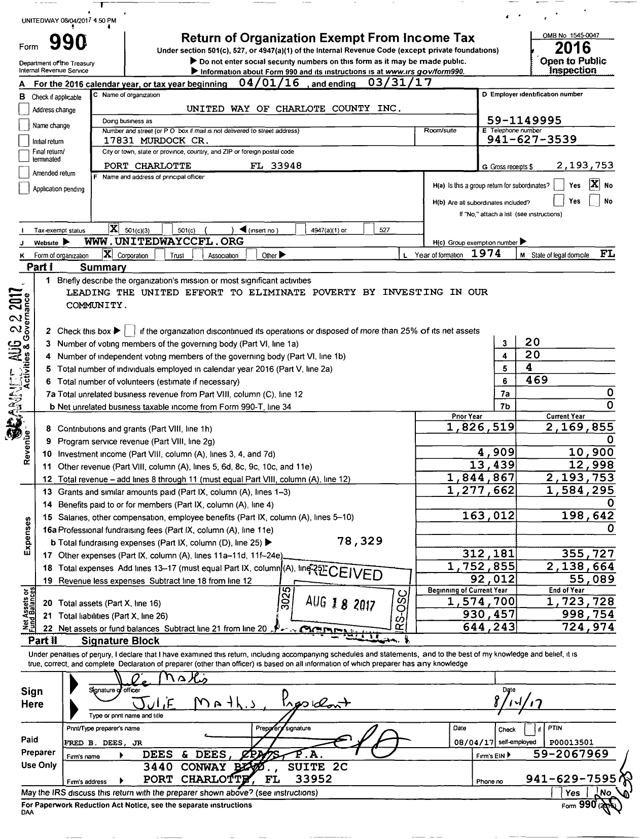 Image of first page of 2016 Form 990 for United Way of Charlotte County