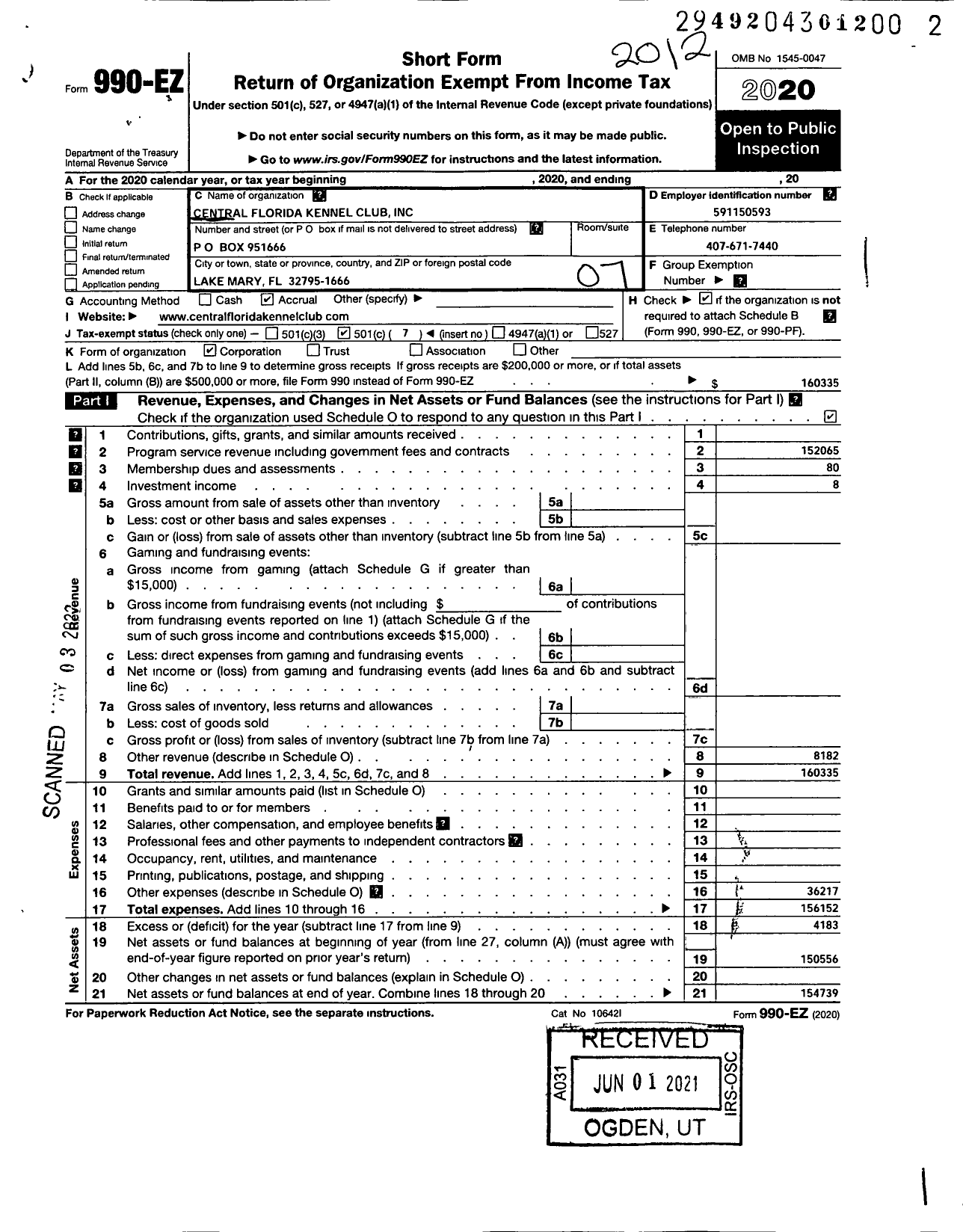 Image of first page of 2020 Form 990EO for Central Florida Kennel Club