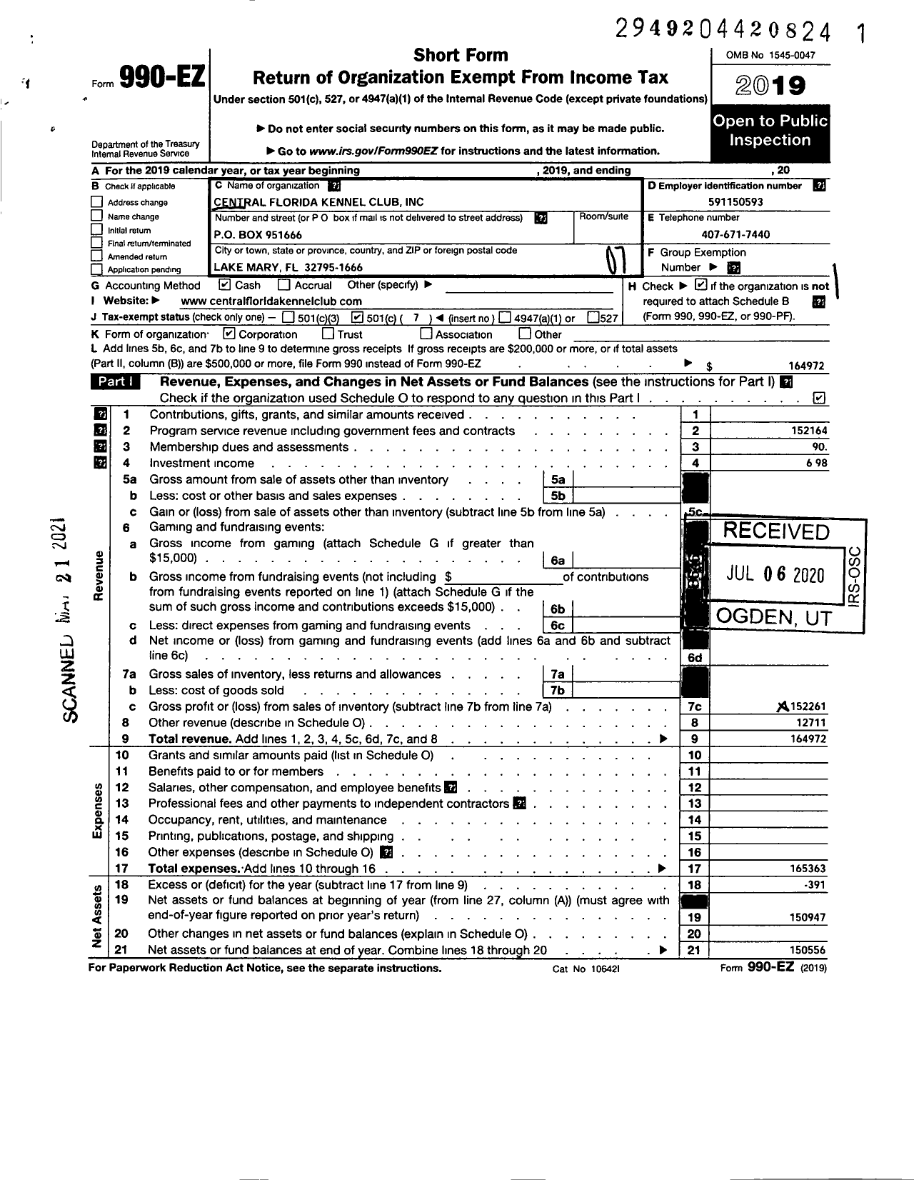 Image of first page of 2019 Form 990EO for Central Florida Kennel Club