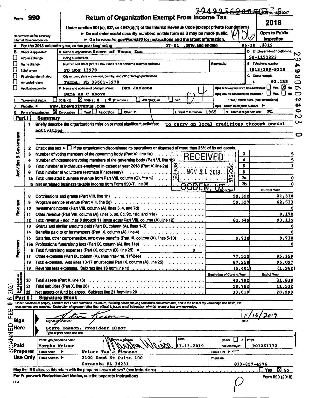 Image of first page of 2018 Form 990O for Krewe of Venus