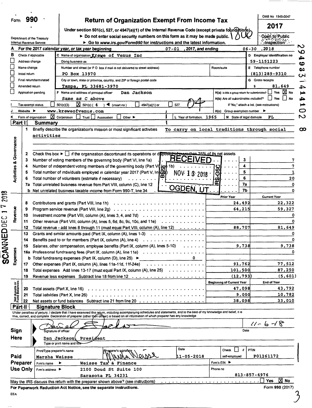 Image of first page of 2017 Form 990O for Krewe of Venus