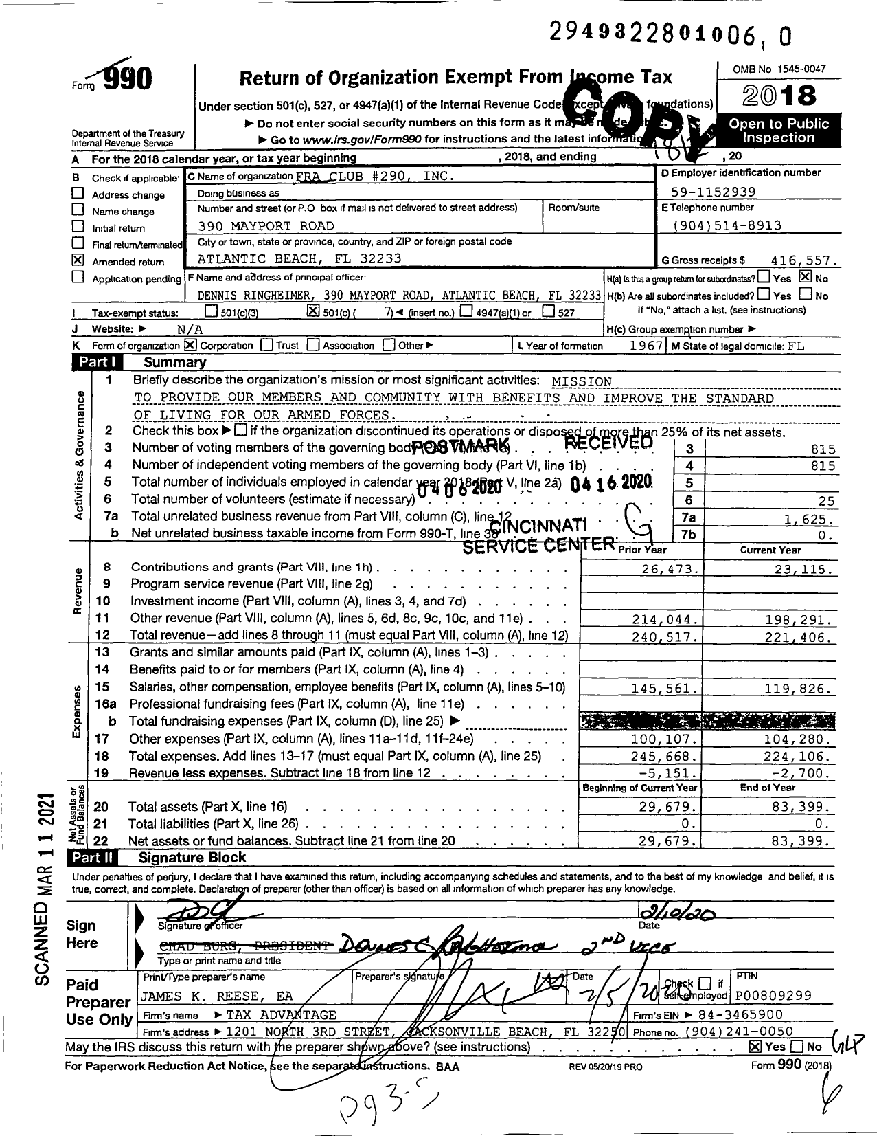 Image of first page of 2018 Form 990O for FRA Club #290