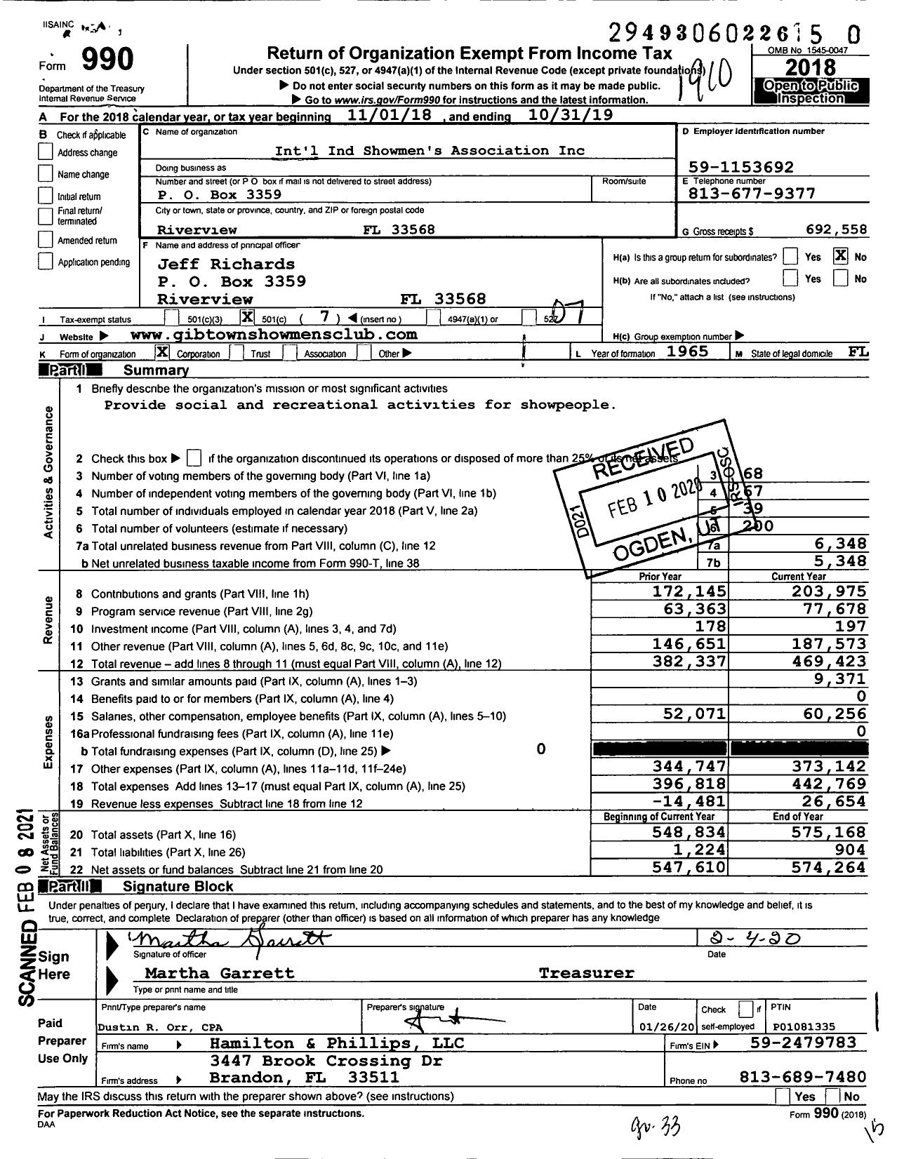 Image of first page of 2018 Form 990O for International Ind Showmen's Association