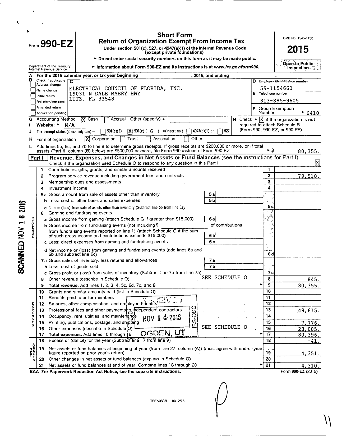 Image of first page of 2015 Form 990EO for Electrical Council of Florida