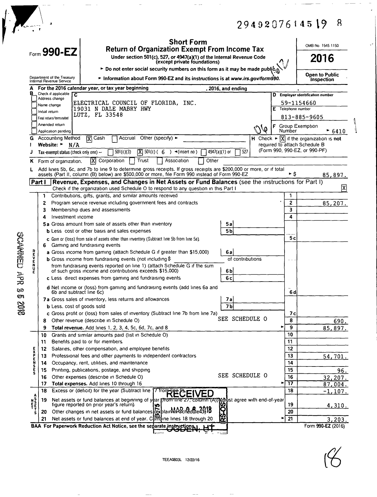 Image of first page of 2016 Form 990EO for Electrical Council of Florida