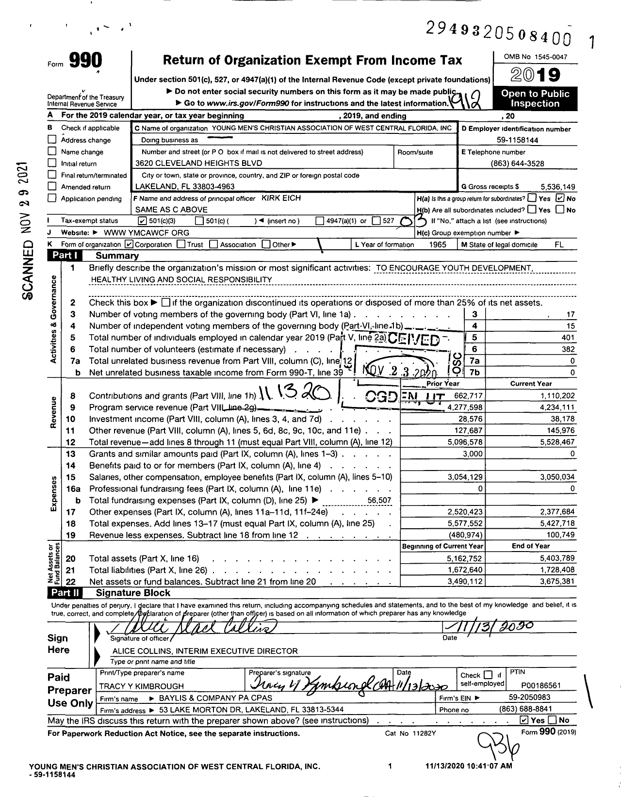 Image of first page of 2019 Form 990 for Young Men's Christian Association of West Central Florida