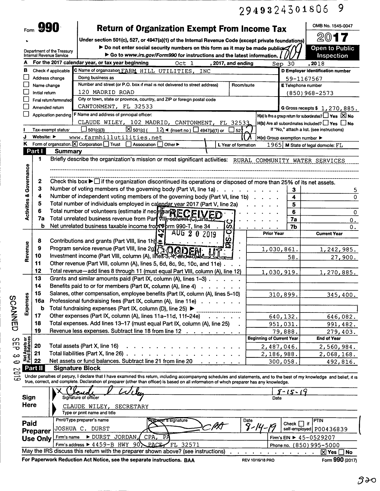 Image of first page of 2017 Form 990O for Farm Hill Utilities