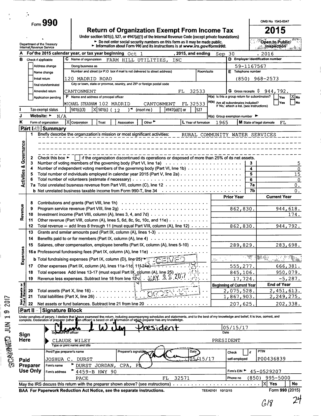 Image of first page of 2015 Form 990O for Farm Hill Utilities