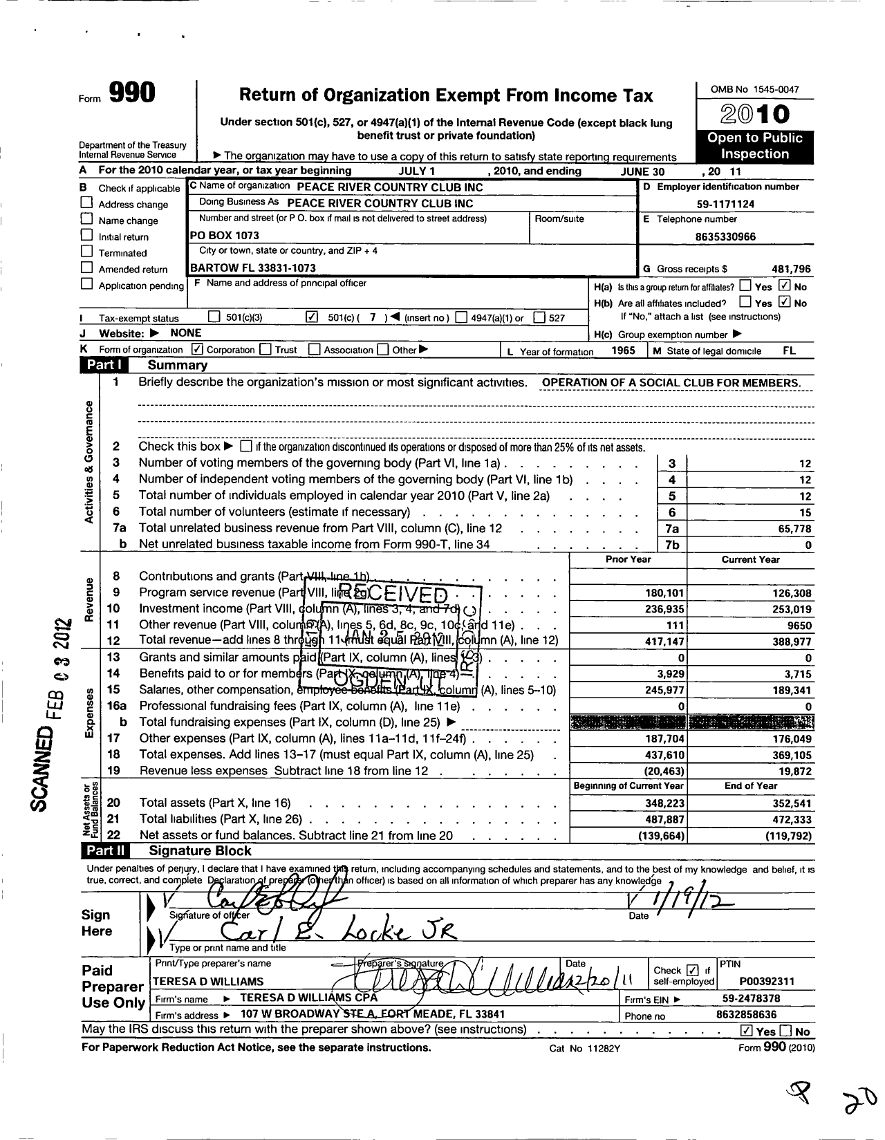 Image of first page of 2010 Form 990O for Peace River Country Club