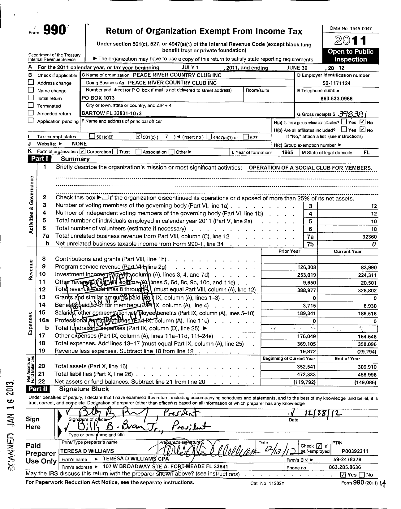 Image of first page of 2011 Form 990O for Peace River Country Club