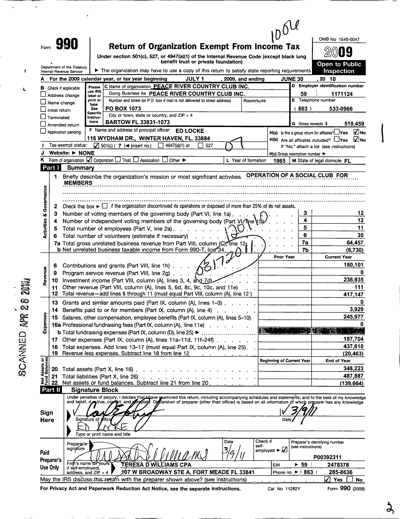 Image of first page of 2009 Form 990O for Peace River Country Club