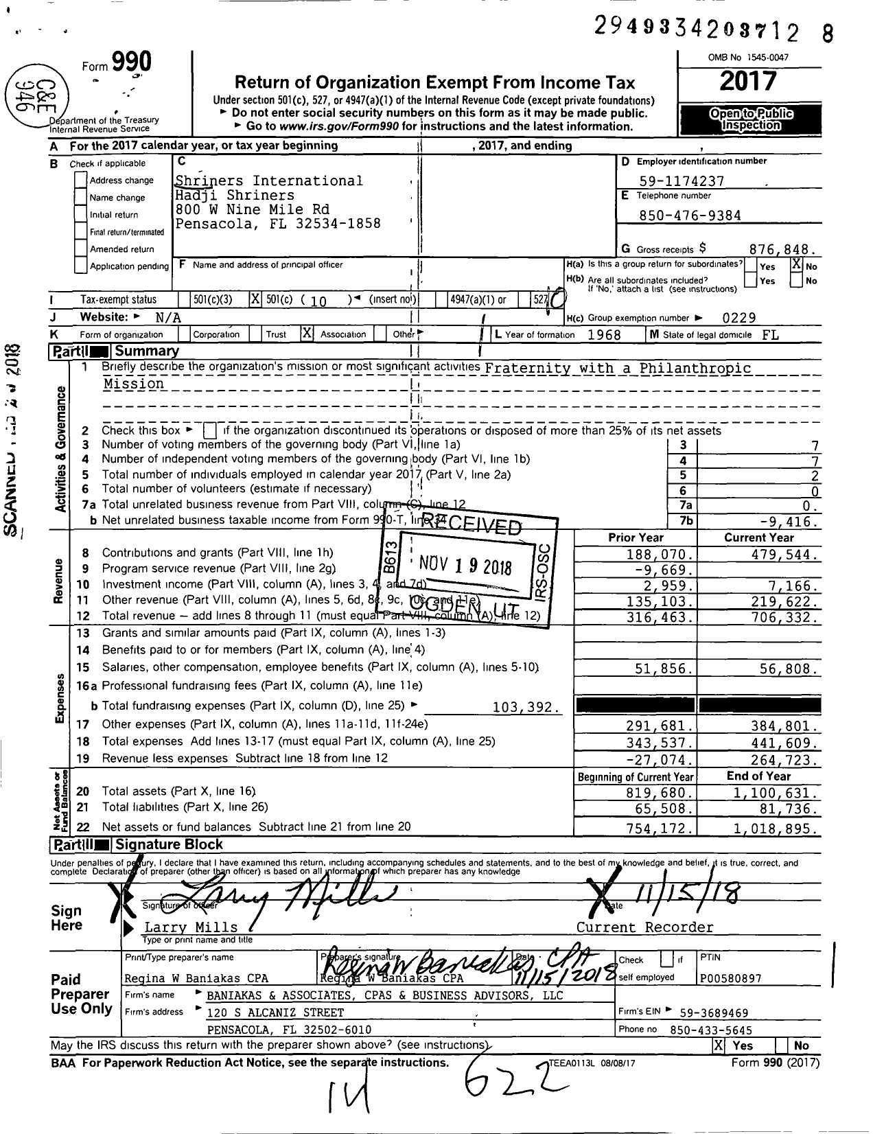 Image of first page of 2017 Form 990O for Shriners International - Hadji Shriners