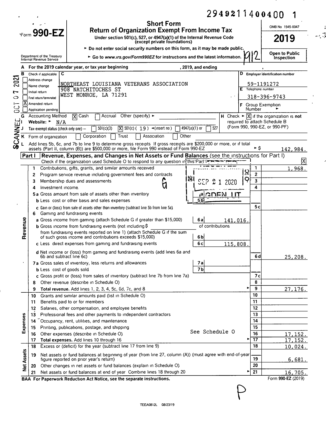 Image of first page of 2019 Form 990EO for Northeast Louisiana Veterans Association