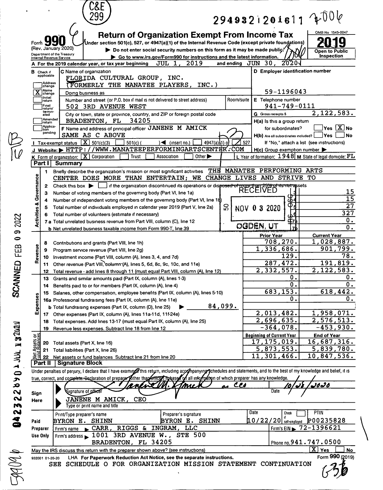 Image of first page of 2019 Form 990 for Florida Cultural Group