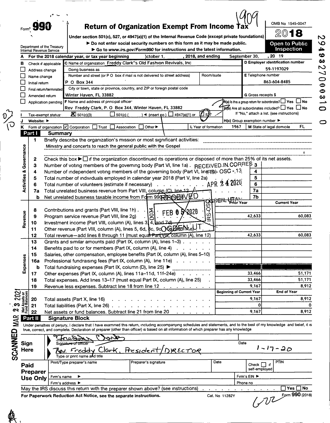 Image of first page of 2018 Form 990 for Freddy Clarks Old Fashion Revivals