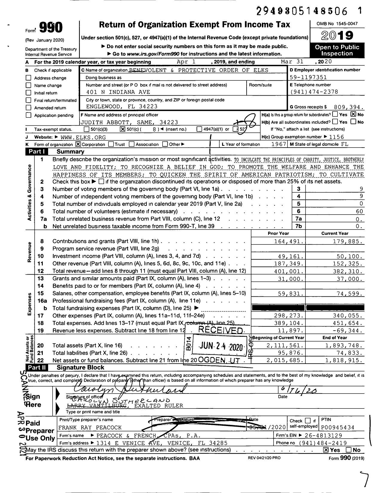 Image of first page of 2019 Form 990O for Benevolent and Protective Order of Elks - 2378 Englewood