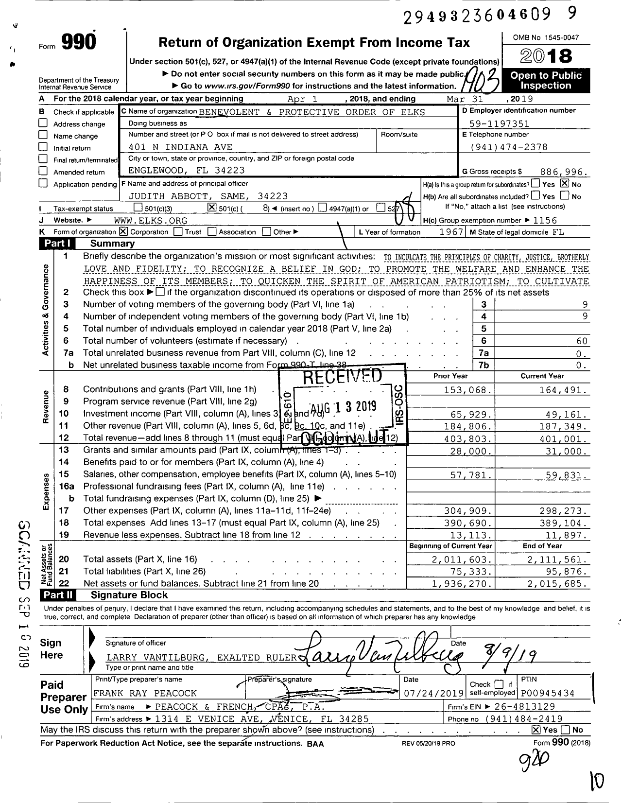 Image of first page of 2018 Form 990O for Benevolent and Protective Order of Elks - 2378 Englewood