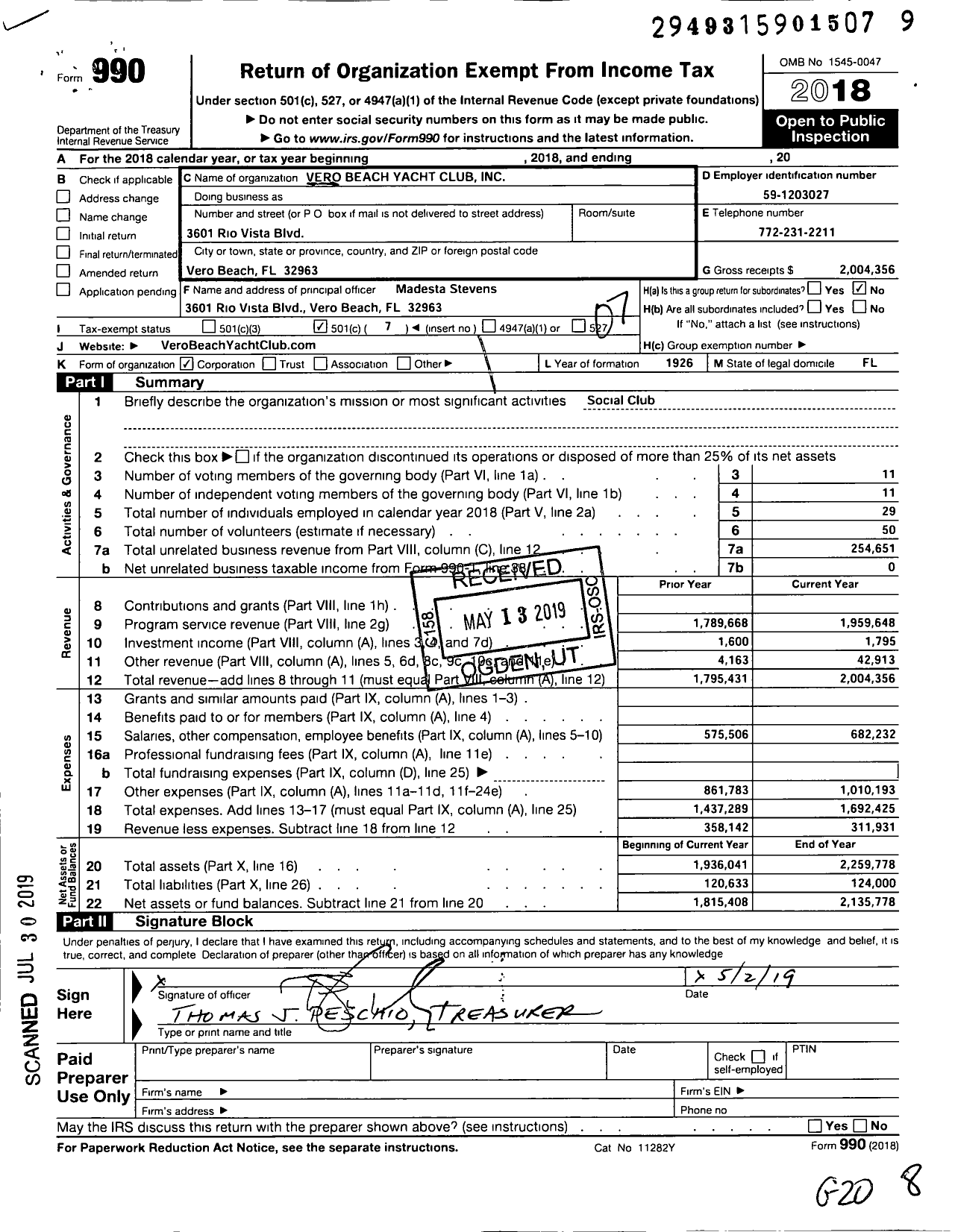 Image of first page of 2018 Form 990O for Vero Beach Yacht Club