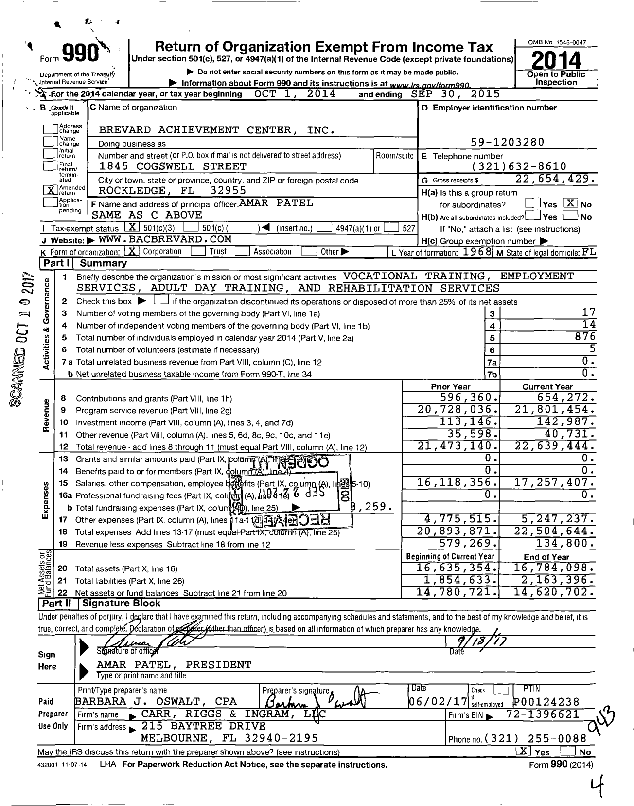 Image of first page of 2014 Form 990 for Brevard Achievement Center