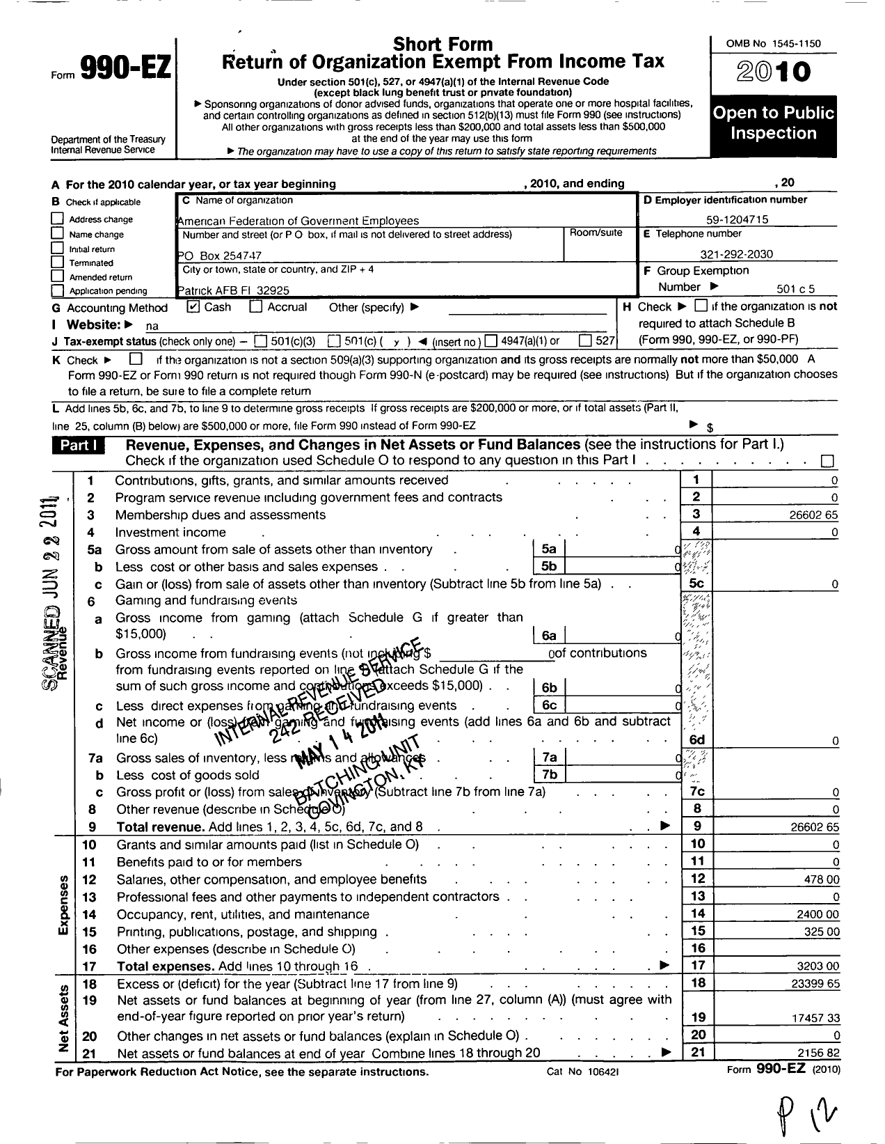 Image of first page of 2010 Form 990EZ for American Federation of Government Employees - 2568 Afge Aafes Dod Local