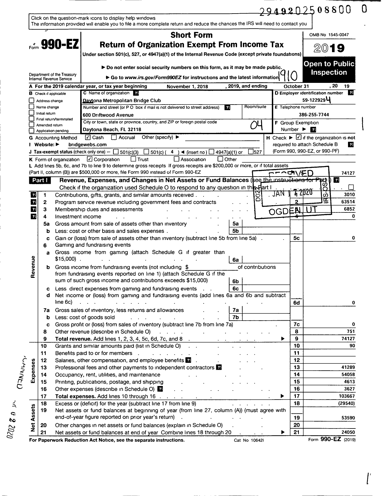 Image of first page of 2018 Form 990EO for Daytona Metropolitan Bridge Club