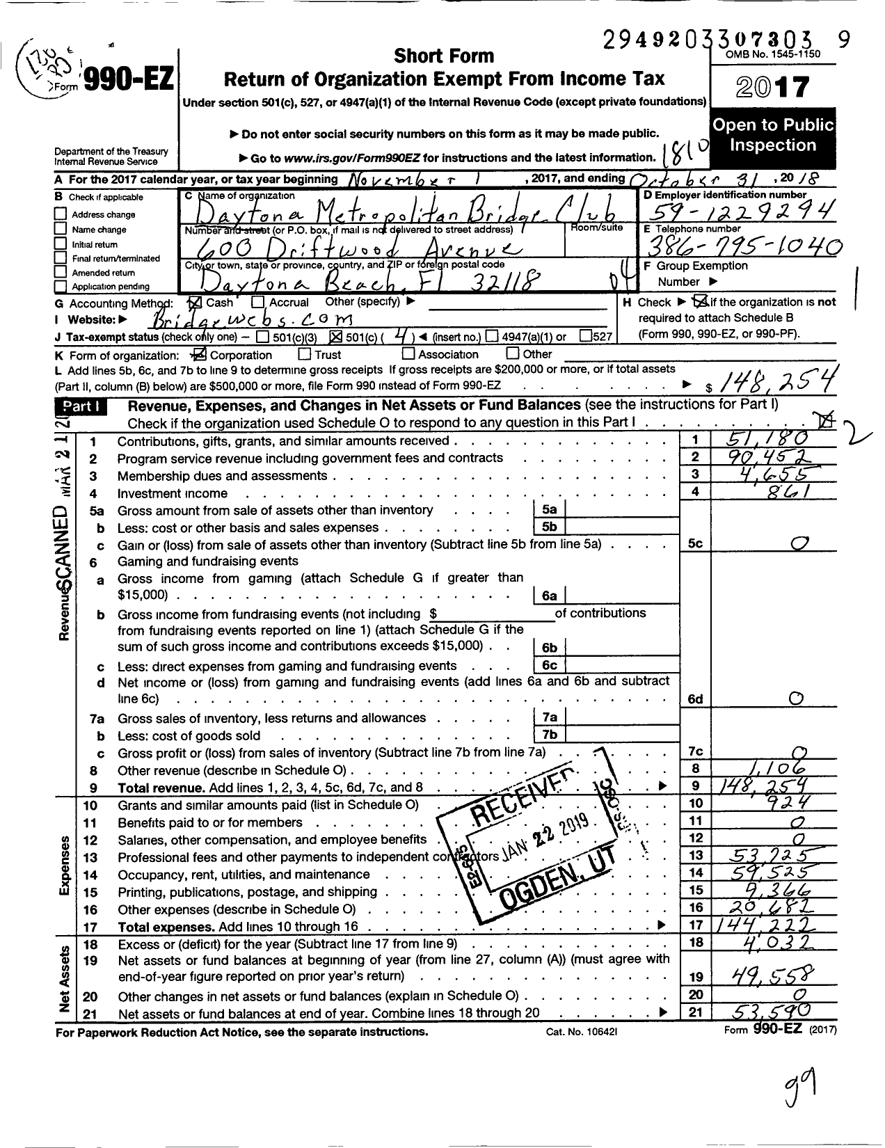 Image of first page of 2017 Form 990EO for Daytona Metropolitan Bridge Club