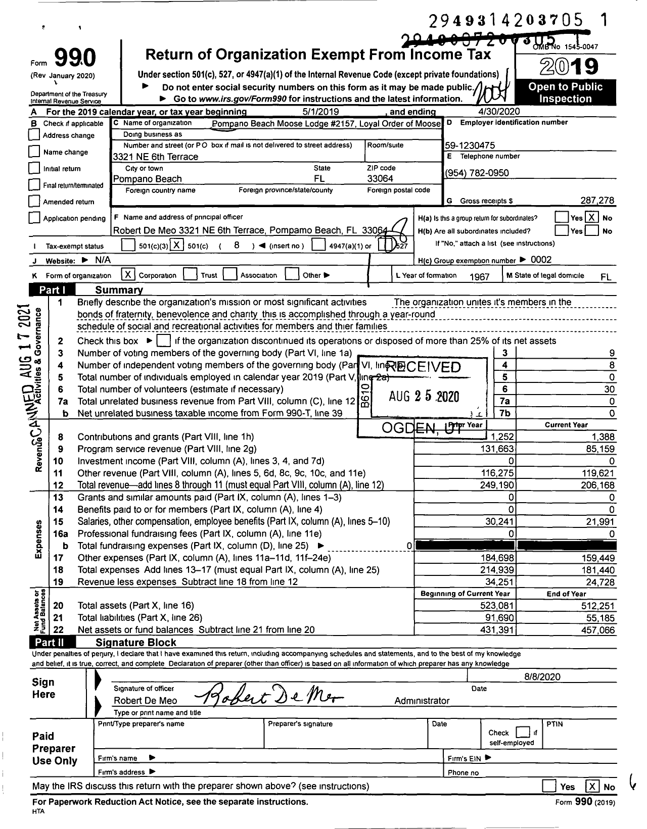 Image of first page of 2019 Form 990O for Loyal Order of Moose - 2157