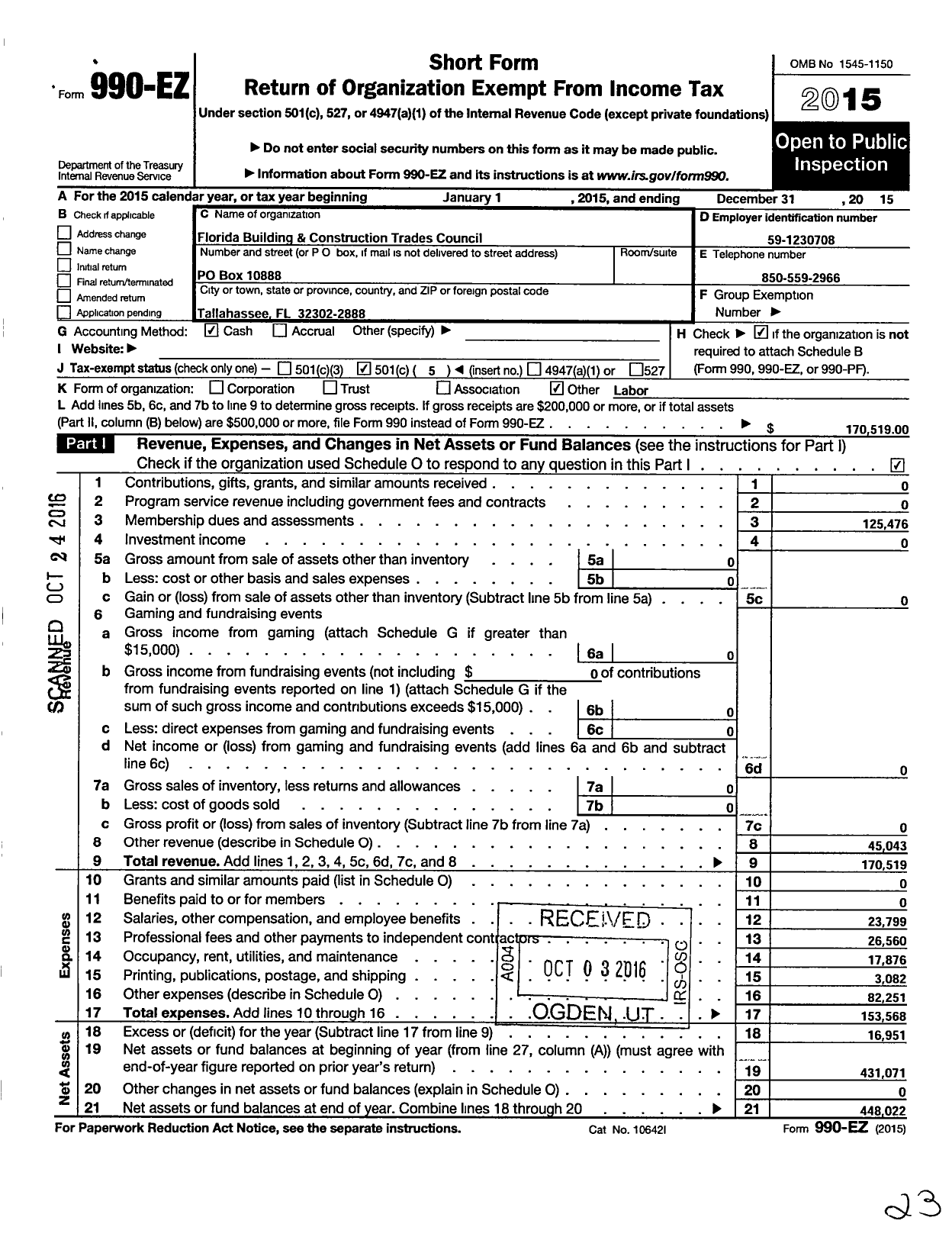 Image of first page of 2015 Form 990EO for AFL-CIO - Florida State BCTC