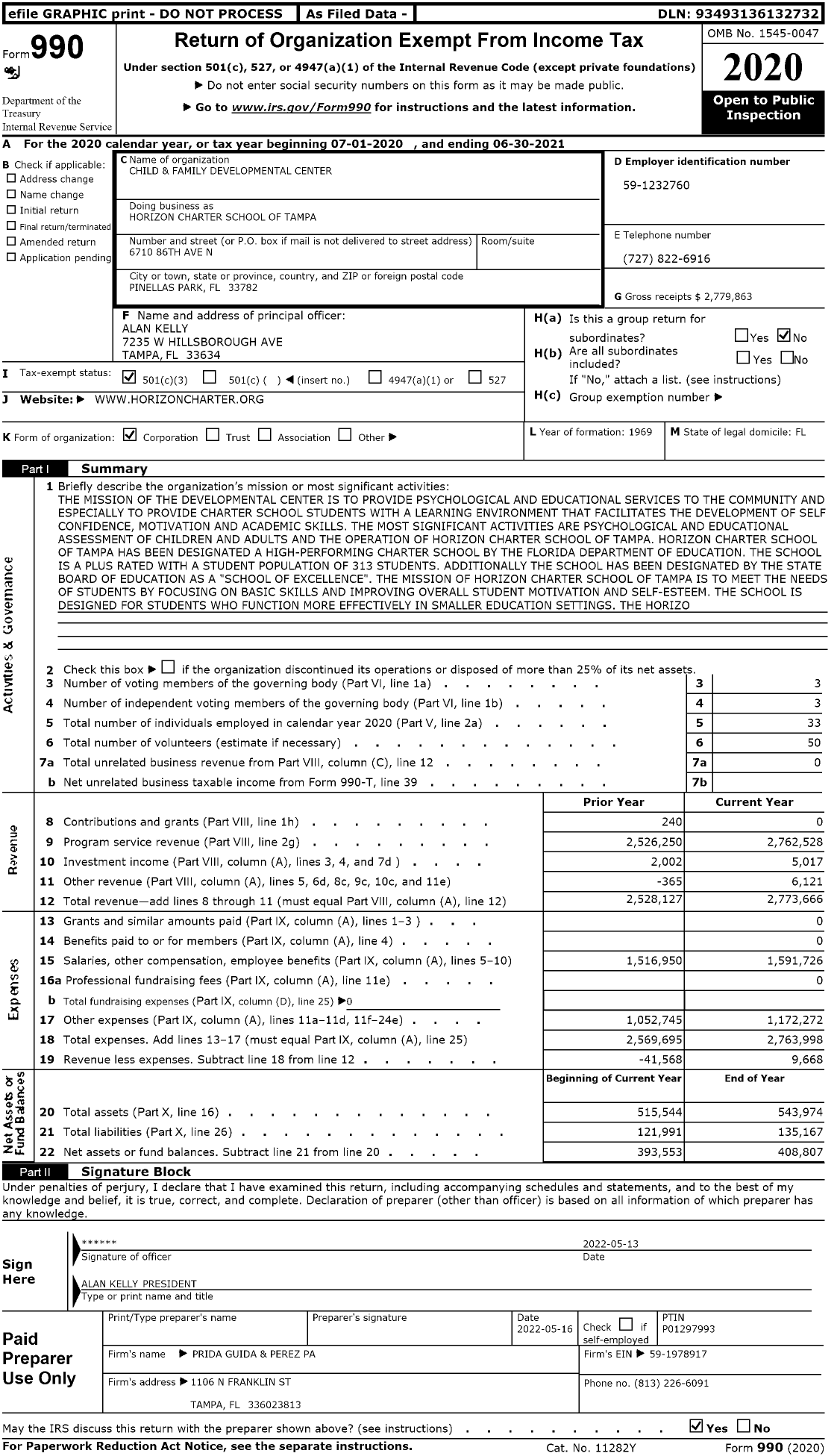 Image of first page of 2020 Form 990 for Horizon Charter School of Tampa