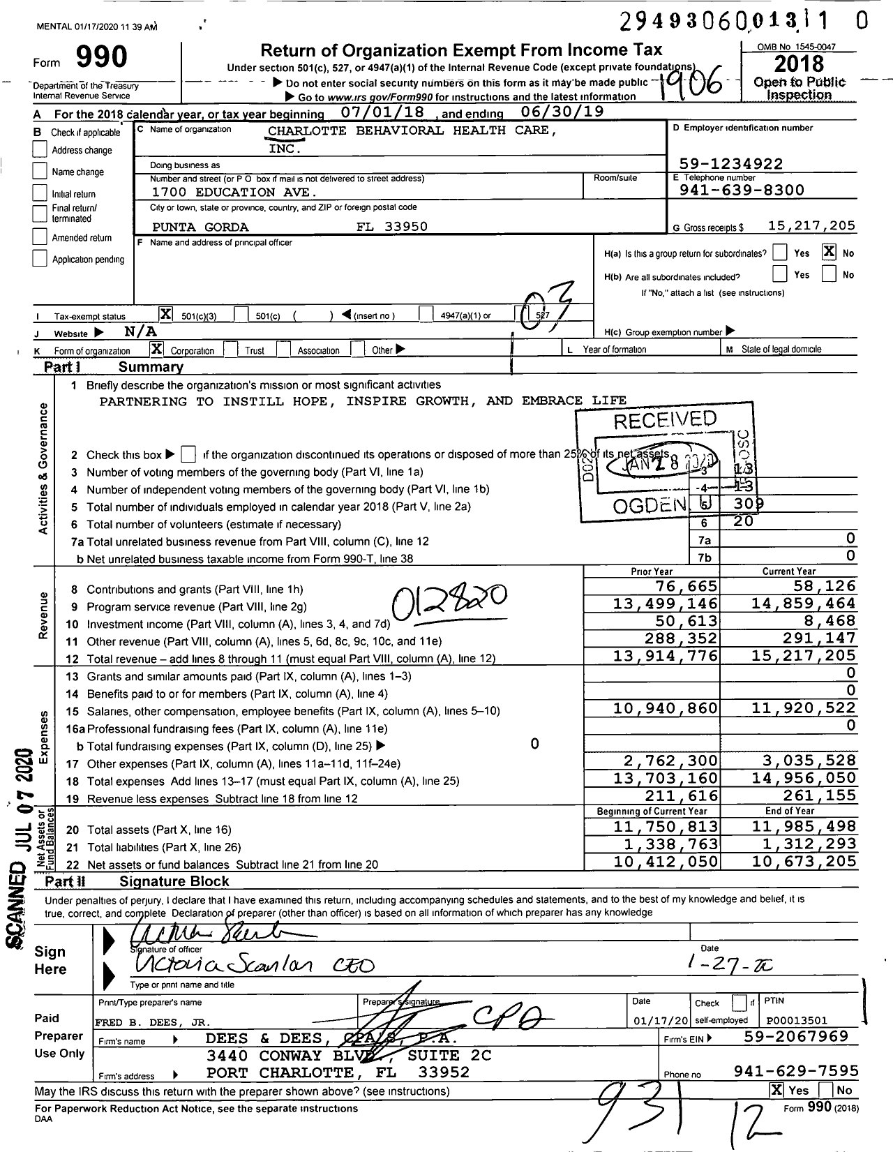 Image of first page of 2018 Form 990 for Charlotte Behavioral Health Care (CBHC)