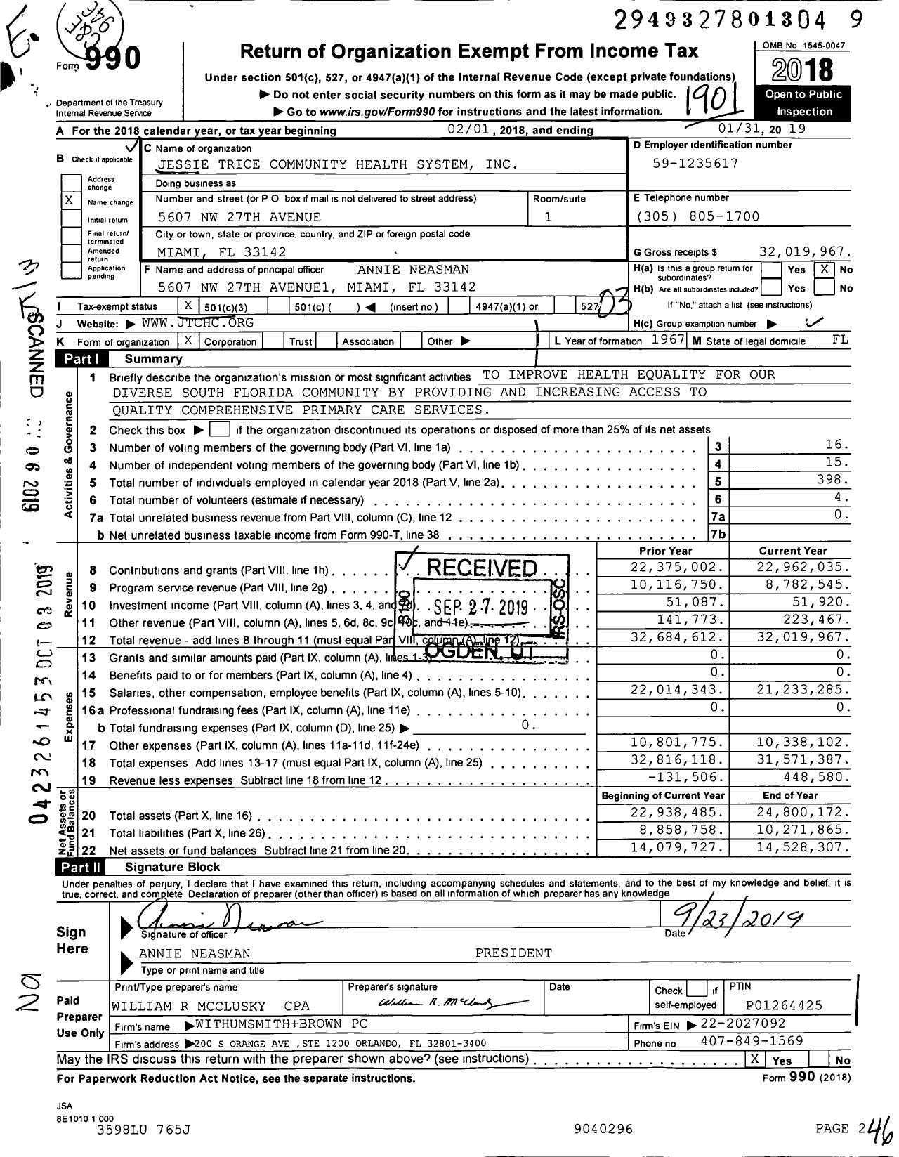 Image of first page of 2018 Form 990 for Jessie Trice Community Health System (JTCHC)