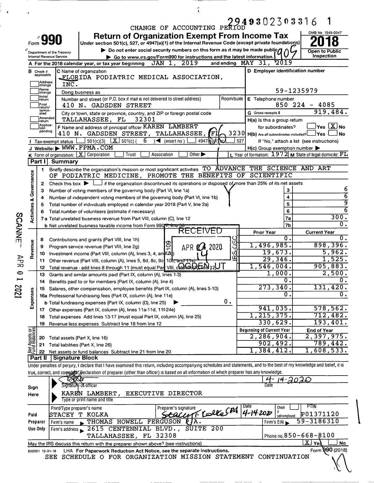 Image of first page of 2018 Form 990O for Florida Podiatric Medical Association (FPMA)