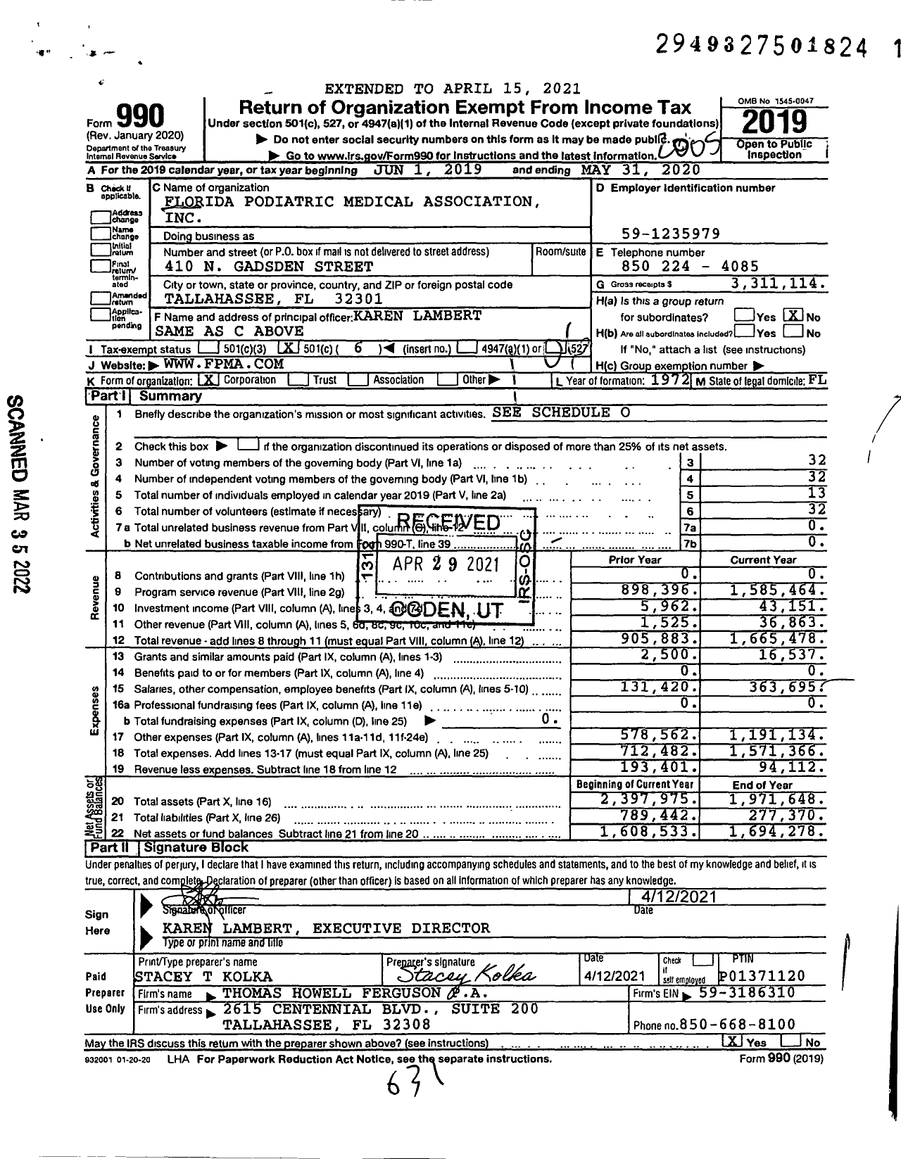 Image of first page of 2019 Form 990O for Florida Podiatric Medical Association (FPMA)