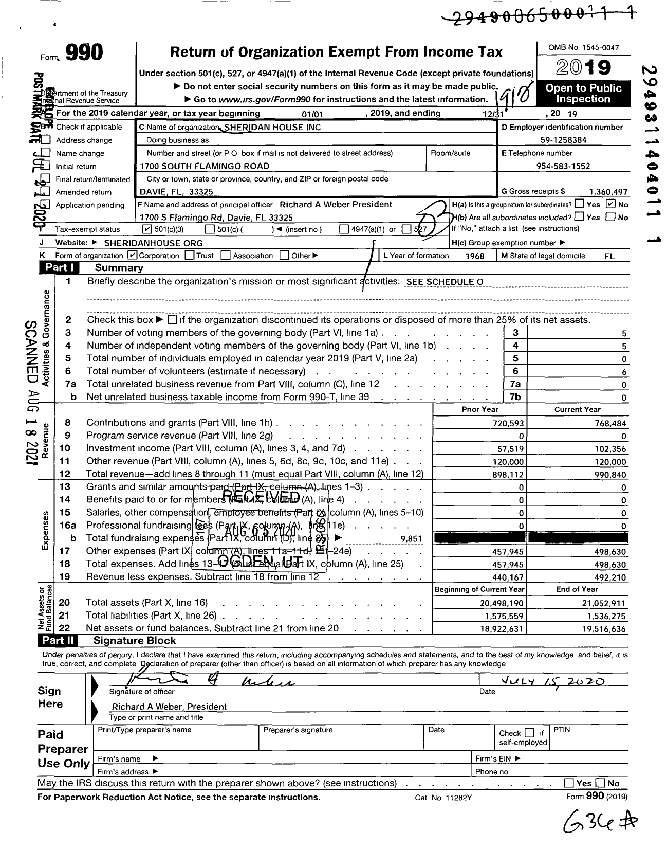 Image of first page of 2019 Form 990 for Sheridan House