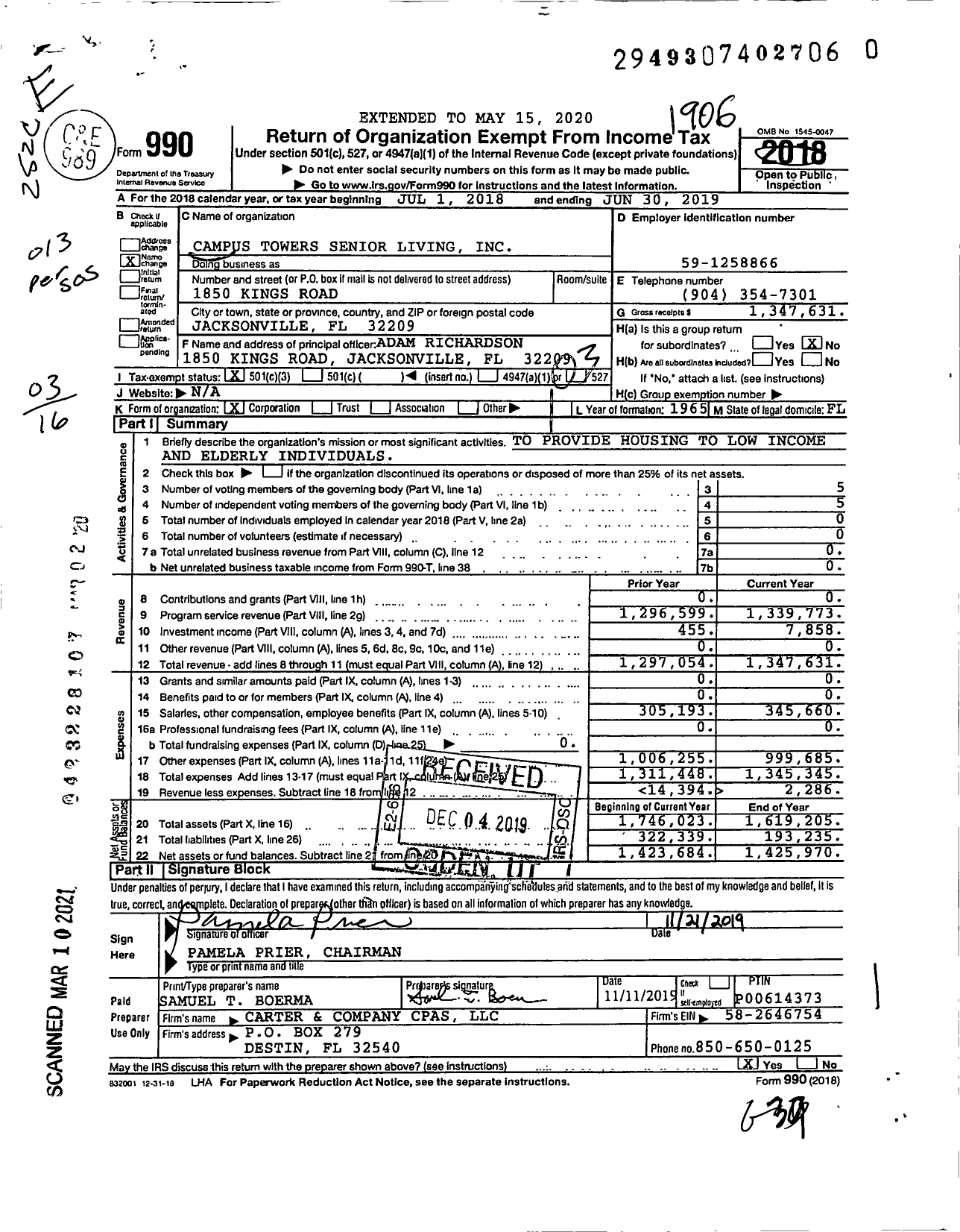 Image of first page of 2018 Form 990 for Campus Towers Senior Living