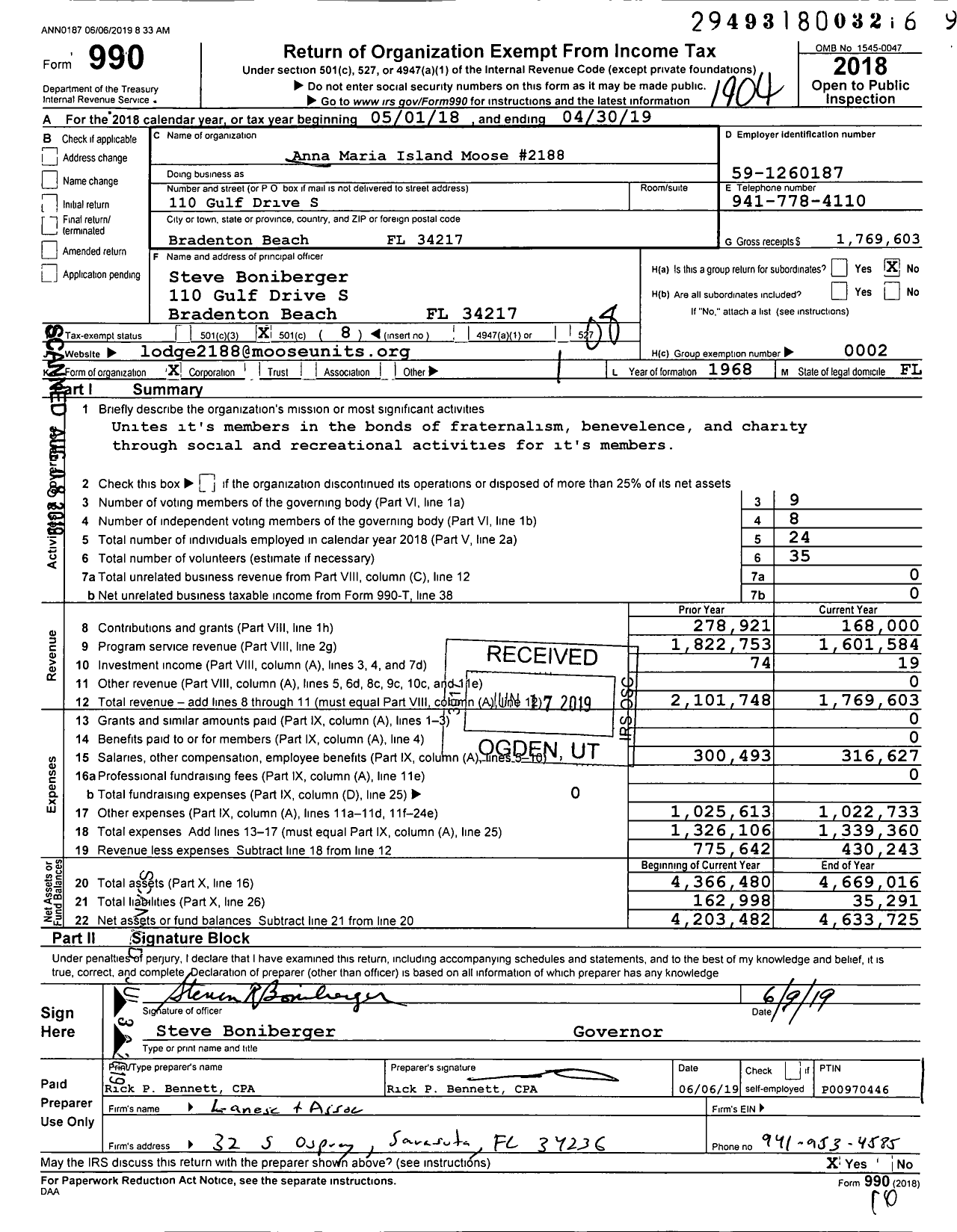 Image of first page of 2018 Form 990O for Loyal Order of Moose - 2188