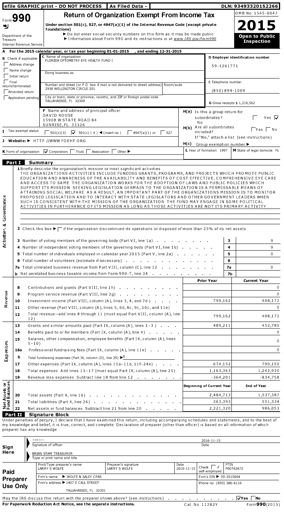 Image of first page of 2015 Form 990O for Florida Optometry Eye Health Fund I