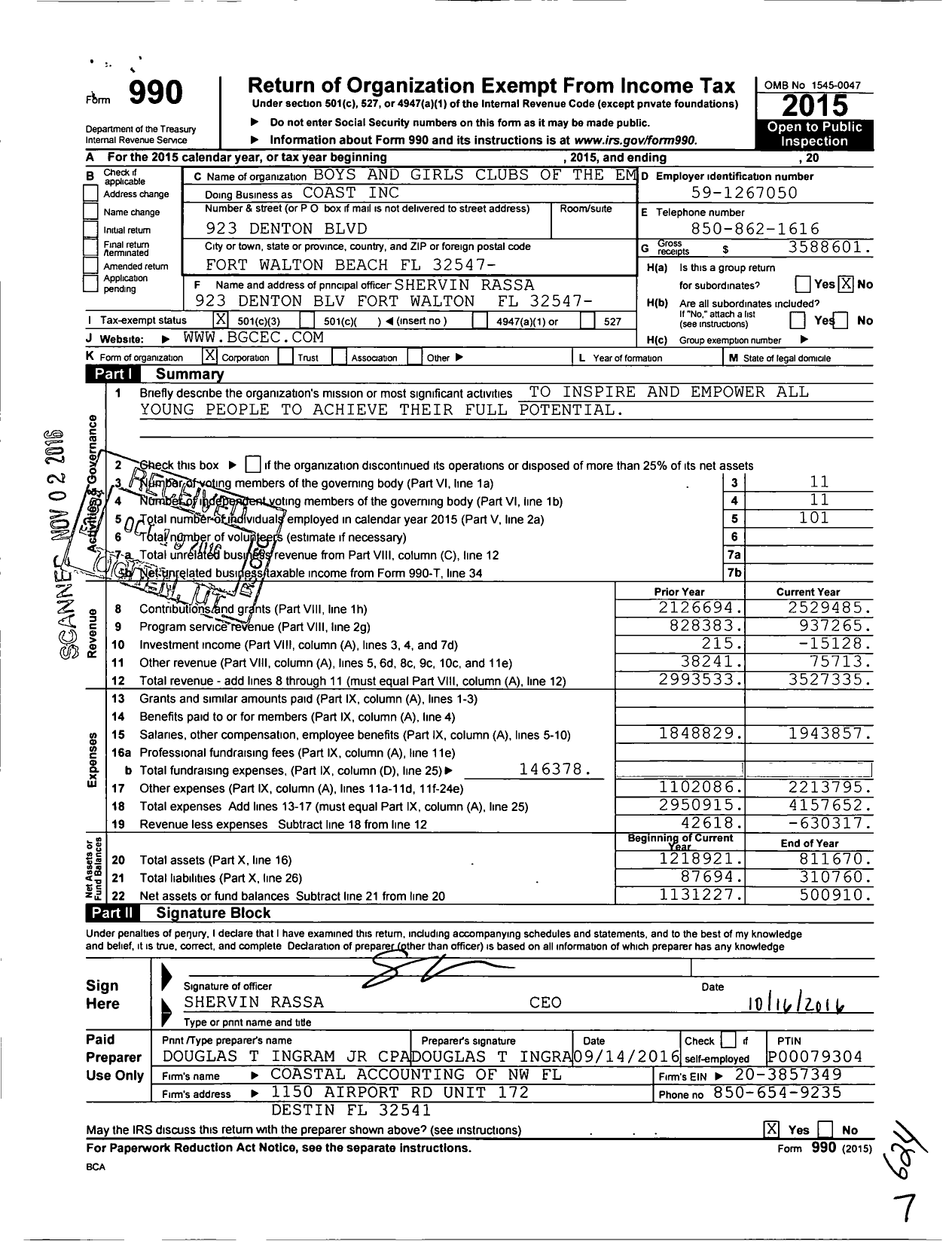 Image of first page of 2015 Form 990 for Boys and Girls Clubs of the Emerald Coast