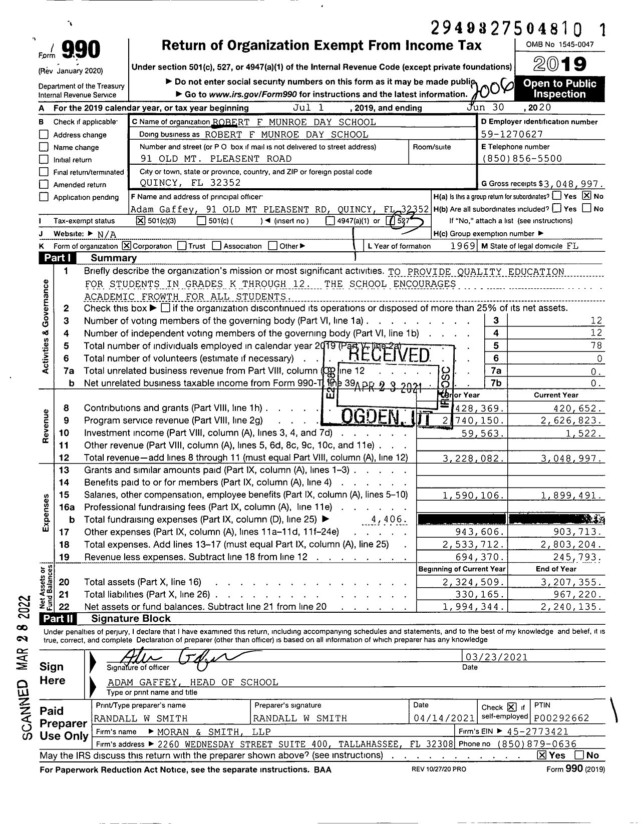 Image of first page of 2019 Form 990 for Robert F Munroe Day School