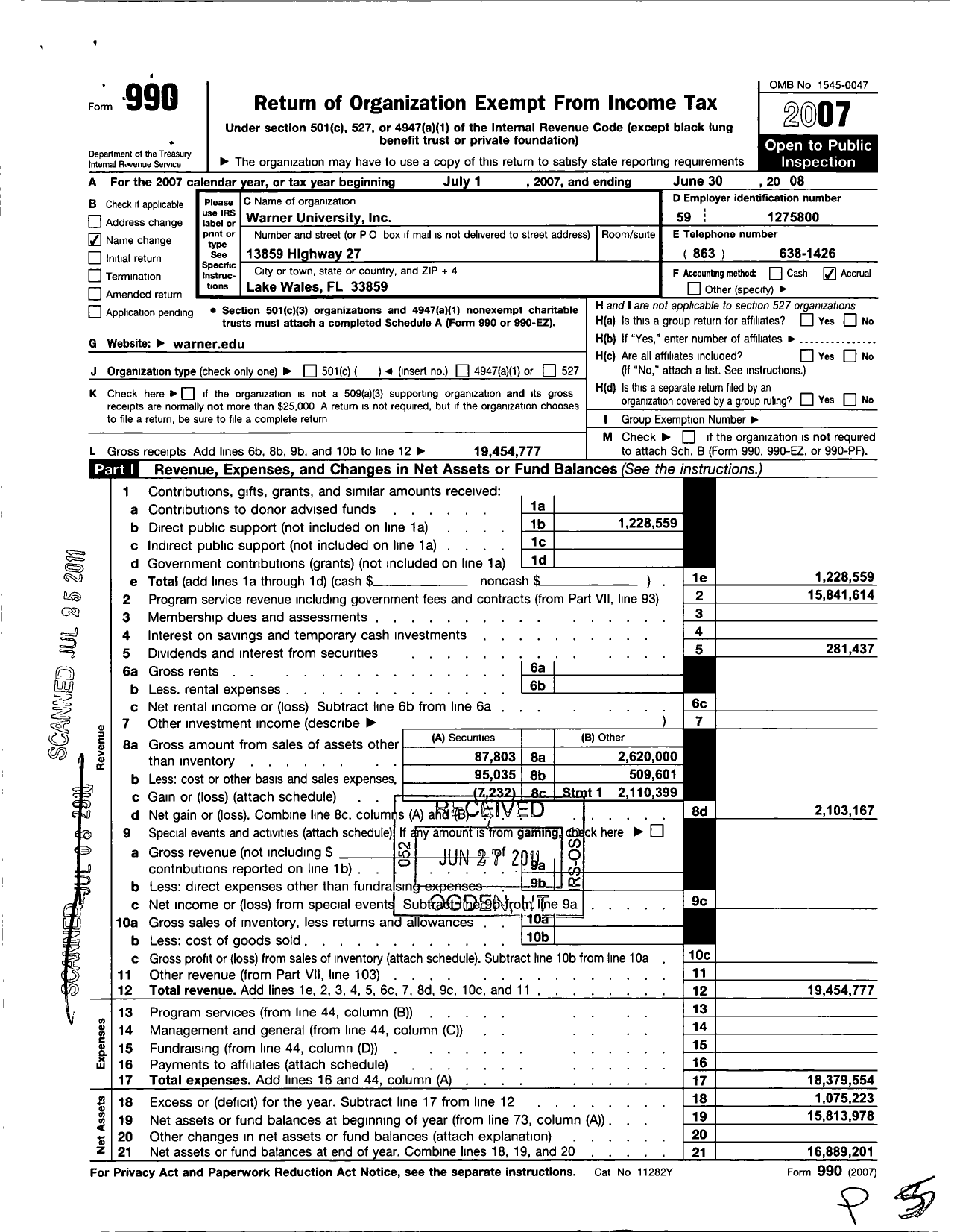 Image of first page of 2007 Form 990O for Warner University