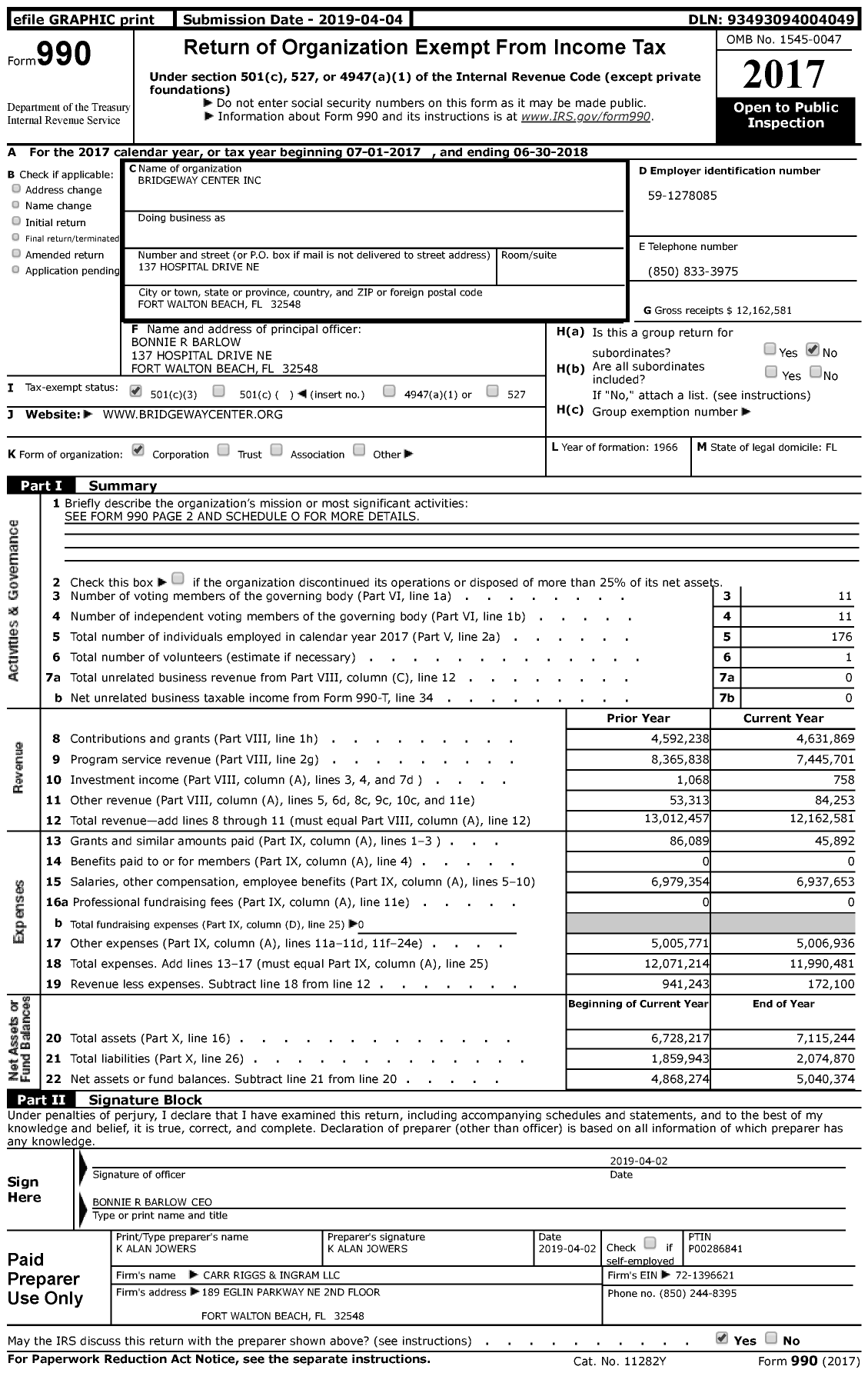 Image of first page of 2017 Form 990 for Bridgeway Center (BCI)