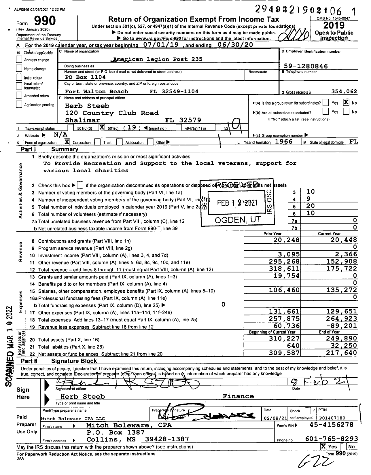 Image of first page of 2019 Form 990O for American Legion - 235 Rogers Hinson