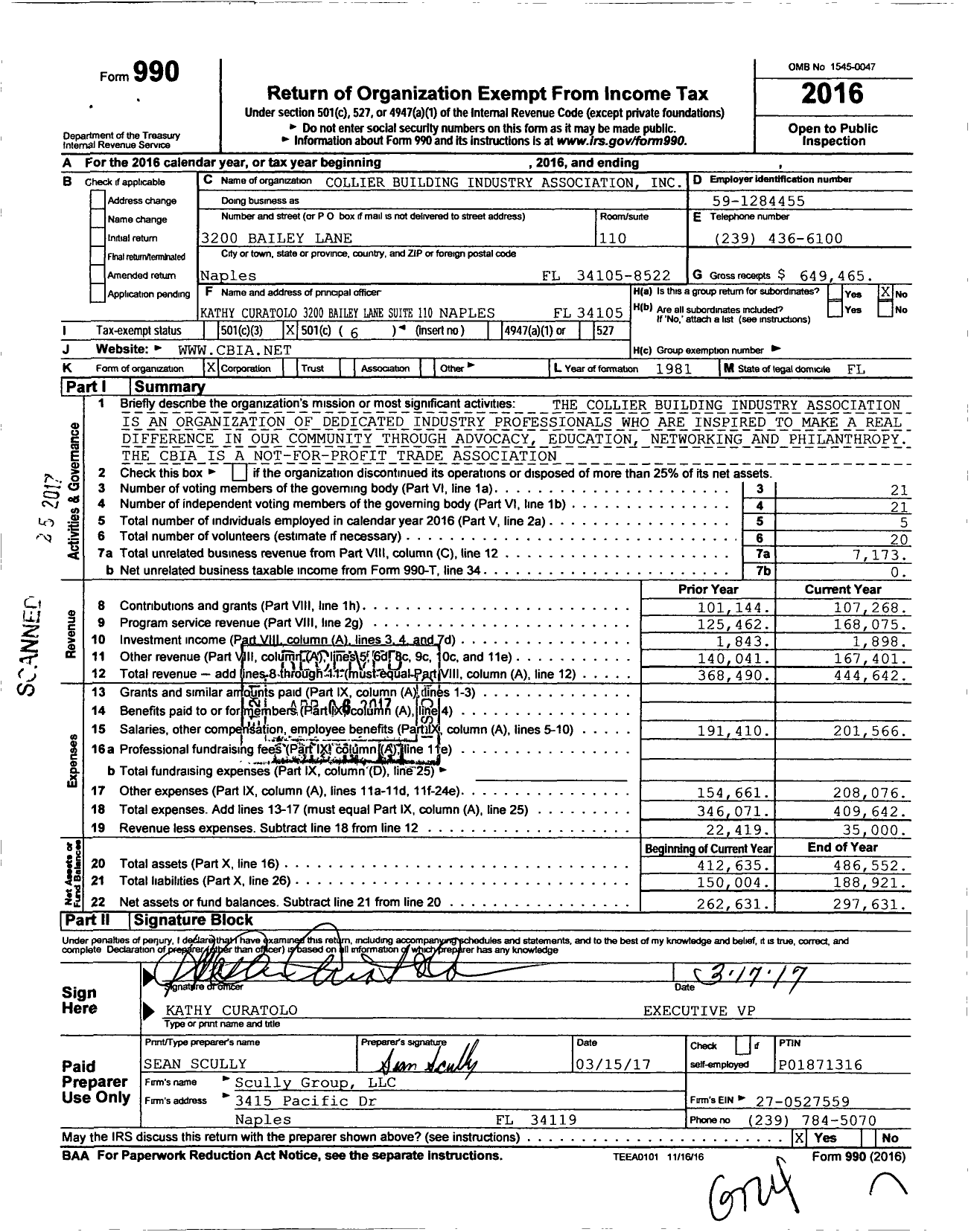 Image of first page of 2016 Form 990O for Collier Building Industry Association