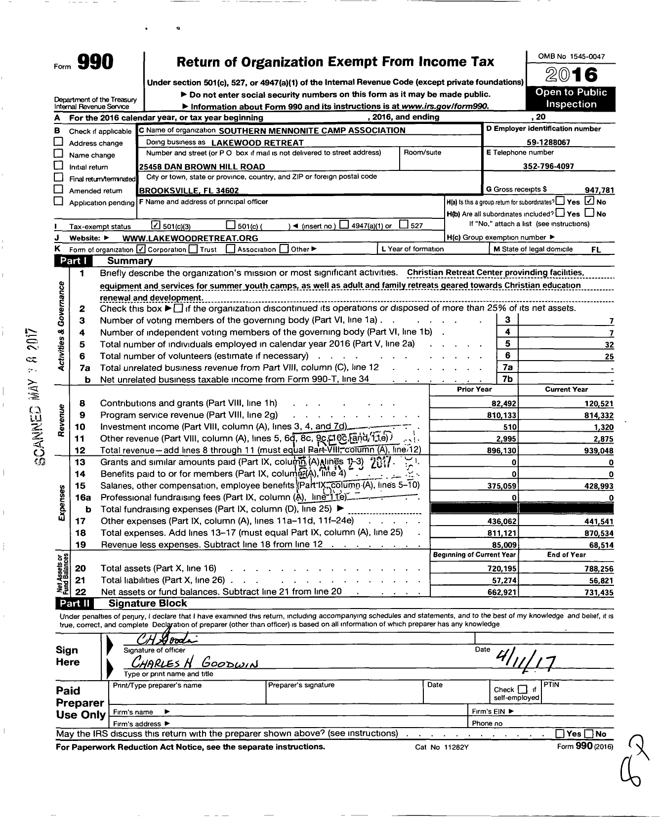 Image of first page of 2016 Form 990 for Lakewood Retreat