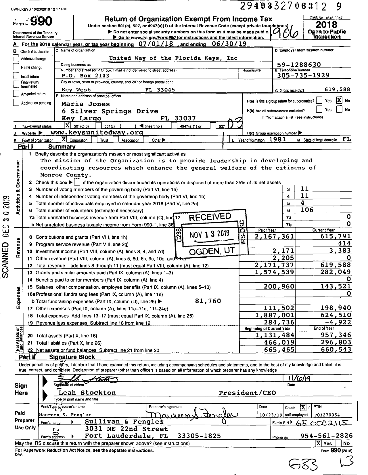 Image of first page of 2018 Form 990 for United Way of the Florida Keys