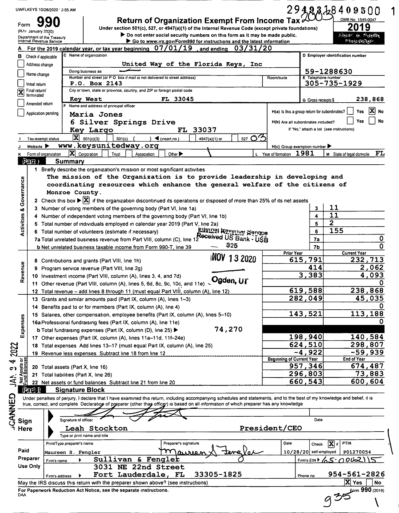 Image of first page of 2019 Form 990 for United Way of the Florida Keys