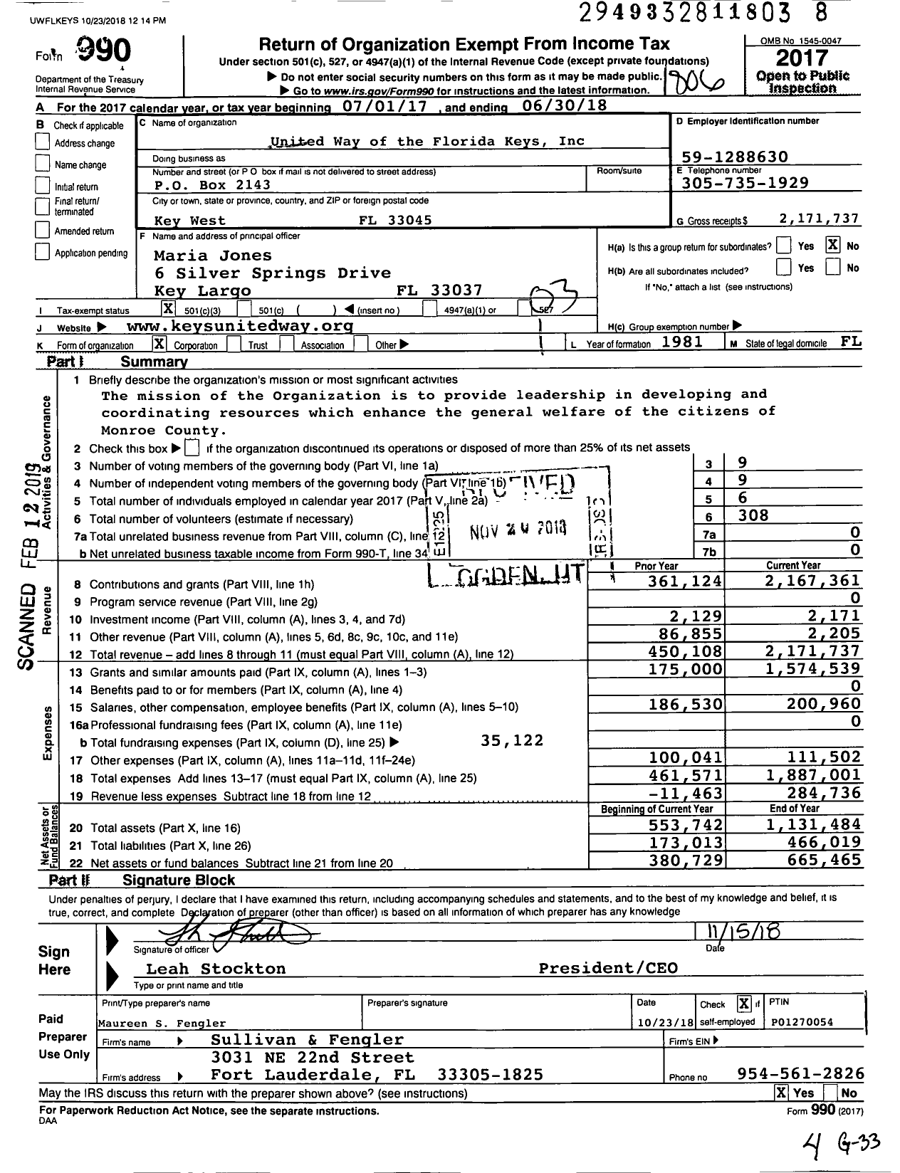 Image of first page of 2017 Form 990 for United Way of the Florida Keys