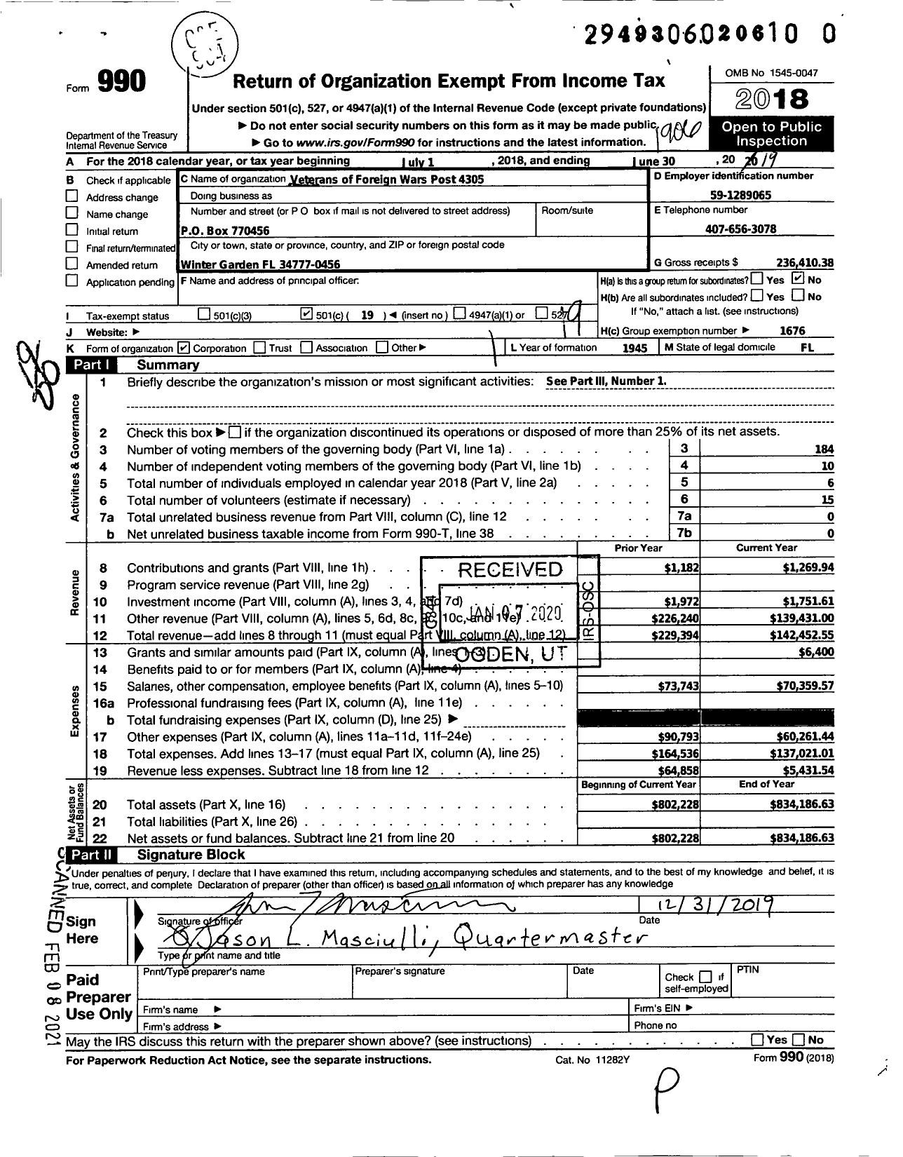 Image of first page of 2018 Form 990O for VFW Department of Florida - 4305 VFW Post