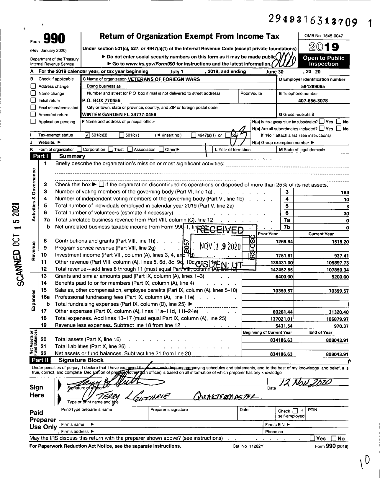 Image of first page of 2019 Form 990 for VFW Department of Florida - 4305 VFW Post